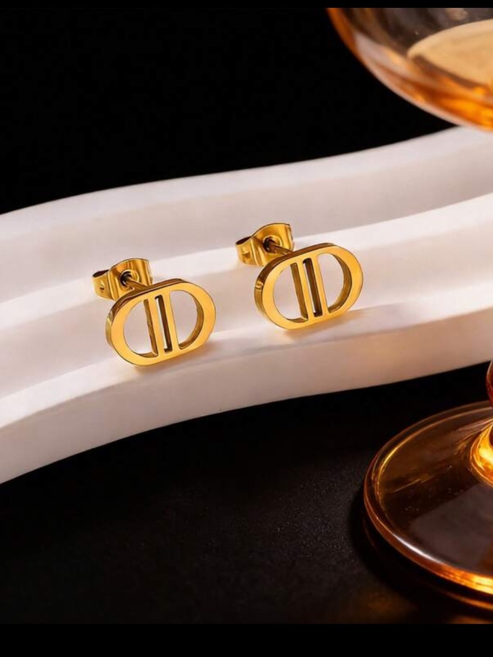Gold To Tone Double-D Open Oval Stud Earrings